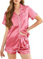 Silk Pajamas for Women Short Sleeve Sleepwear Soft Button Down Loungewear 2 Piece Satin Pjs Shorts Set S-XXL