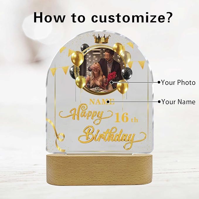Customized Birthday Gifts Personalized Acrylic LED Night Light Lamp Plaque Custom Photo Name Age Birthday Gifts for Women Men(B-Black and Gold)