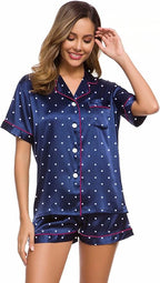 LecGee Womens Silk Satin Pajamas Short Sleeve Loungewear Two-Piece Sleepwear Button-Down Pj Set