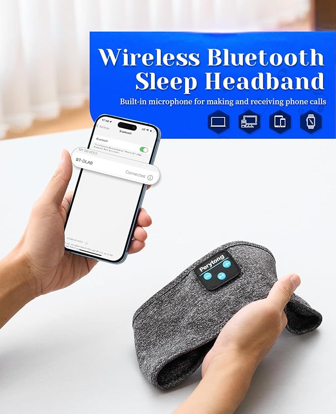 Perytong Sleeping Headphones Bluetooth Headband, Soft Long Time Play Sleeping Headsets with Built in Speakers Perfect for Workout,Running,Yoga,Travel, Darkgray