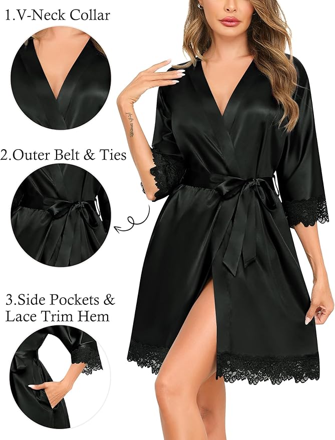 SWOMOG Women's Satin Robe Set 2 Piece Sexy Pajamas Sets Lace Cami Nightgown and Silk Robes Nightwear