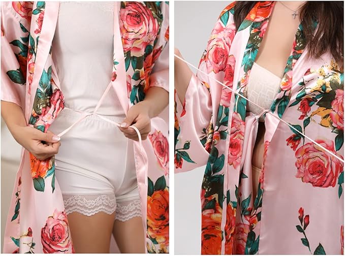 QXQTER Peony Floral Silky Satin Robe Wedding Bridal Party Bride Bridesmaid Robes for Women Dressing Gown Kimono Robe