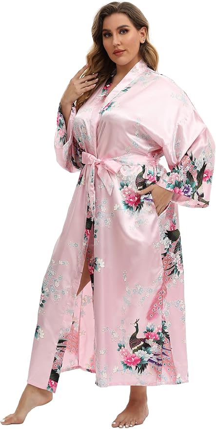Women's Floral Long Satin Robes Plus Size Long Silk Robes Peacock Floral Kimonos Sleepwear Dressing Gown