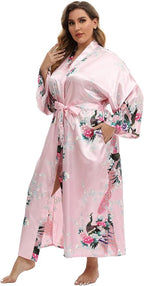 Women's Floral Long Satin Robes Plus Size Long Silk Robes Peacock Floral Kimonos Sleepwear Dressing Gown