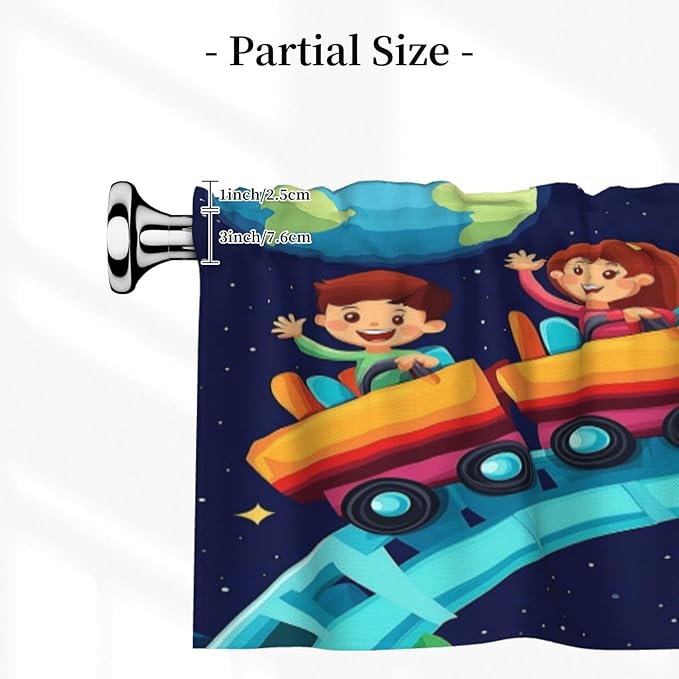 Children Riding Space-Themed Train, Night Sky Curtain Valance Peach Skin Velvet Printed Window Valance with Rod Pocket Light Filtering for Kitchen Bathroom 54x18in
