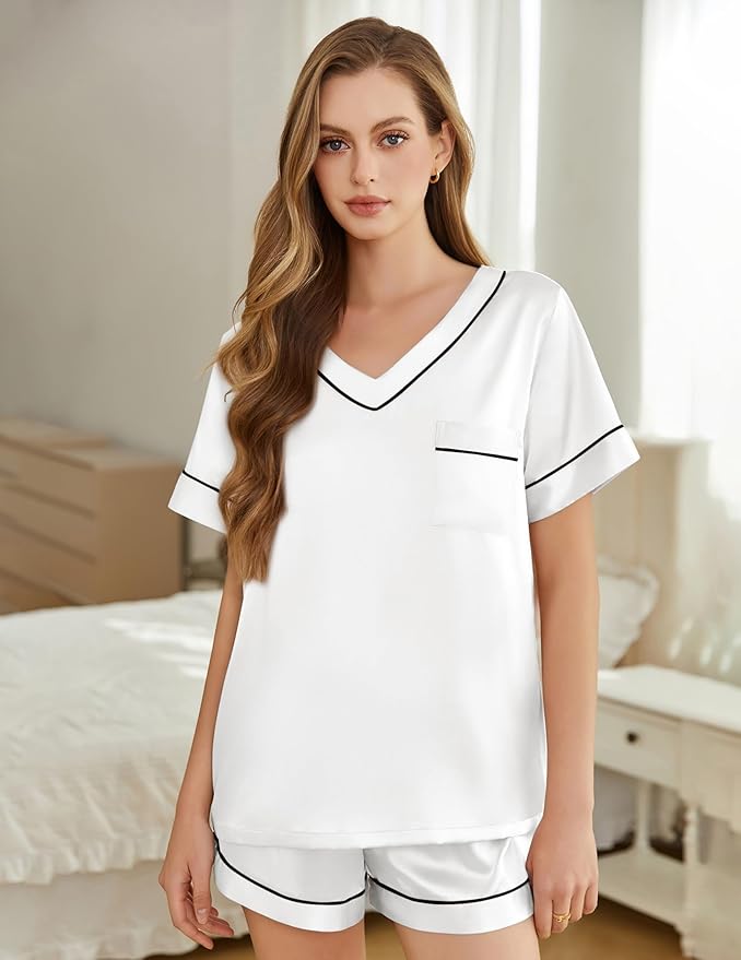Silk Pajamas for Women Short Sleeve Satin 2 Piece Pj Set Soft V Neck Sleepwear Loungewear, S-XXL