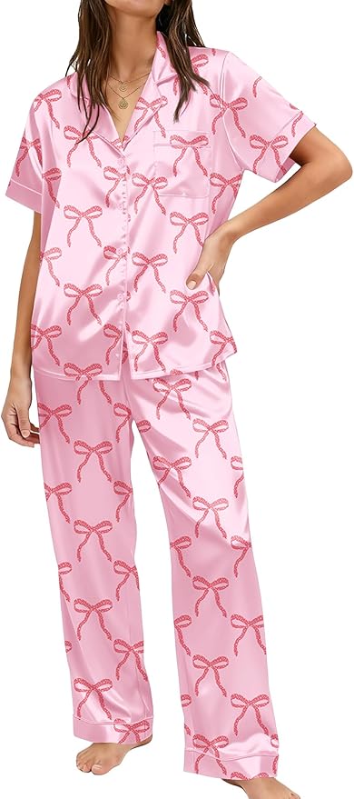 Ekouaer Womens Silky Satin Pajamas Set Short Sleeve Button Down Sleepwear 2 Piece Lounge Set Pj Set