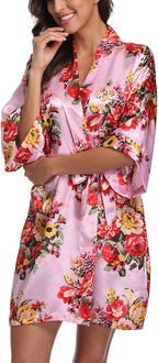 Women's Floral Satin Robes Bride Bridesmaid Getting Ready Robe Short Silky Kimono Sleepwear for Wedding Party