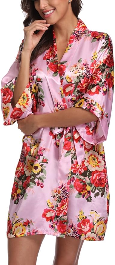 Women's Floral Satin Robes Bride Bridesmaid Getting Ready Robe Short Silky Kimono Sleepwear for Wedding Party