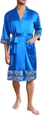 Ekouaer Mens Satin Robe Lightweight Silky Kimono Bathrobe 3/4 Sleeve Spa Knee Length Loungewear with Pockets S-3XL