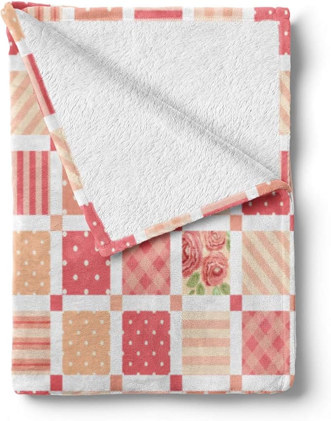 Lunarable Dusty Rose Throw Blanket, Patchwork Inspired with Different Patterned Squares Shabby Form Style, Flannel Fleece Accent Piece Soft Couch Cover for Adults, 50" x 60", Salmon Dark Coral