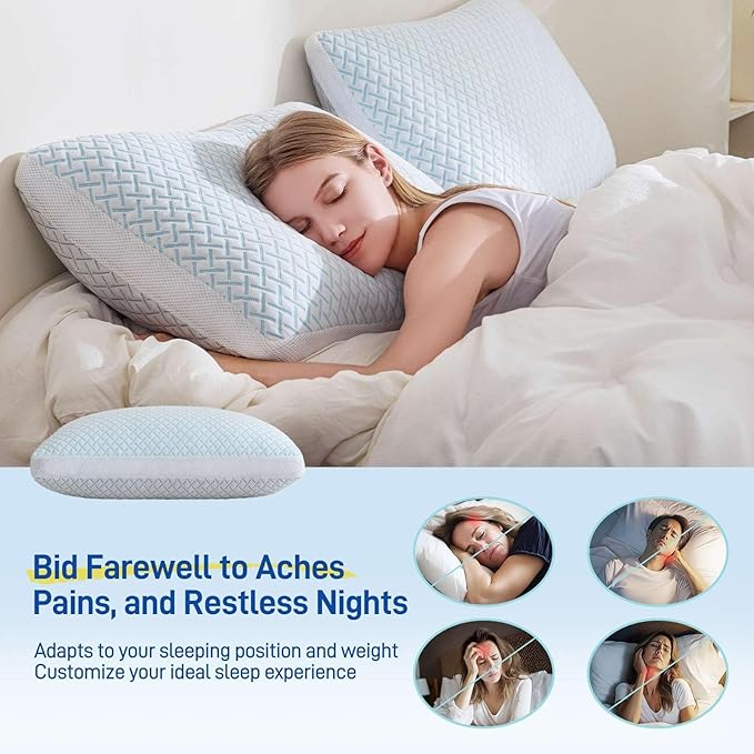 Alkyonos Shredded Memory Foam Cooling Soft Pillows King Size Set of 2, Adjustable Hypoallergenic Hotel Quality Pillow for Back, Side and Stomach Sleeper, Bamboo Viscose Cover, Oeko-TEX Certified