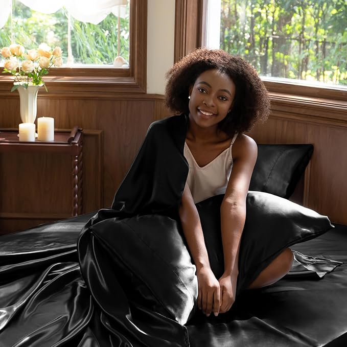 CozyLux Satin Sheets Cal King Sheet Set - 4 Piece Silky California King Sheets, Luxury Black Bed Sheet Set with Smooth and Soft Microfiber, Includes 1 Fitted Sheet, 1 Flat Sheet and 2 Pillowcases