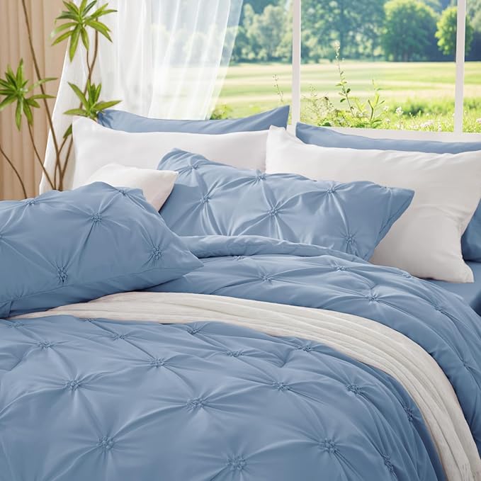 BEDELITE Cornflower Blue King Size Comforter Set - 3 Pieces Boho Pintuck Bedding Comforter Sets, Lightweight Soft & Warm King Bedding Set with 2 Pillowcases for All Season