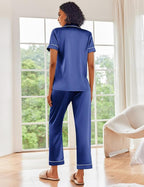 Ekouaer Silk Satin Pajamas Set Women Short Sleeve Sleepwear Soft Button Down Loungewear Pjs Set