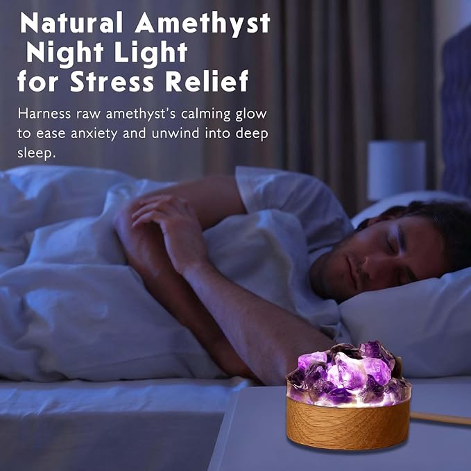 Runyangshi Amethyst Night Light with Natural Raw Crystal - USB Powered Mini Lamp for Bedroom, Desk, Meditation, Healing Crystal Decor with Wood Base, Gift Idea