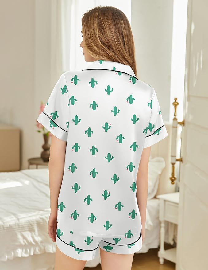 Silk Pajamas for Women Short Sleeve Sleepwear Soft Button Down Loungewear 2 Piece Satin Pjs Shorts Set S-XXL