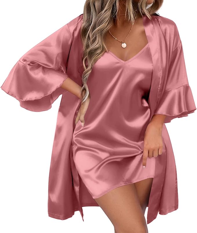 Ekouaer Women's Silk Robe Set V-neck 2 Piece Bridal Party Robes and Satin Bathrobe Set with Pockets