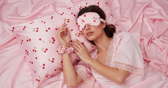 Slumber Satin Beauty Sleep Set, Cherry, 3-Piece Set with Pillowcase, Eye Mask, and Scrunchie