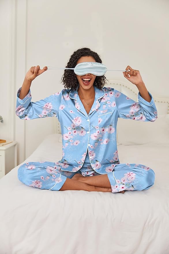 Ekouaer Women's Classic Button Down Long Satin Silk Pajama Set