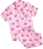 Ekouaer Womens Silk Satin Pajamas Short Sleeve PJS Shorts Set Soft Button Down Sleepwear 2 Piece Loungewear S-5XL