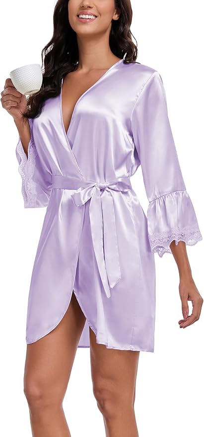 Lace Trim Satin Robes for Women Bride Bridesmaid Silky Kimono Robe Valentines Lingerie with Bell Sleeves