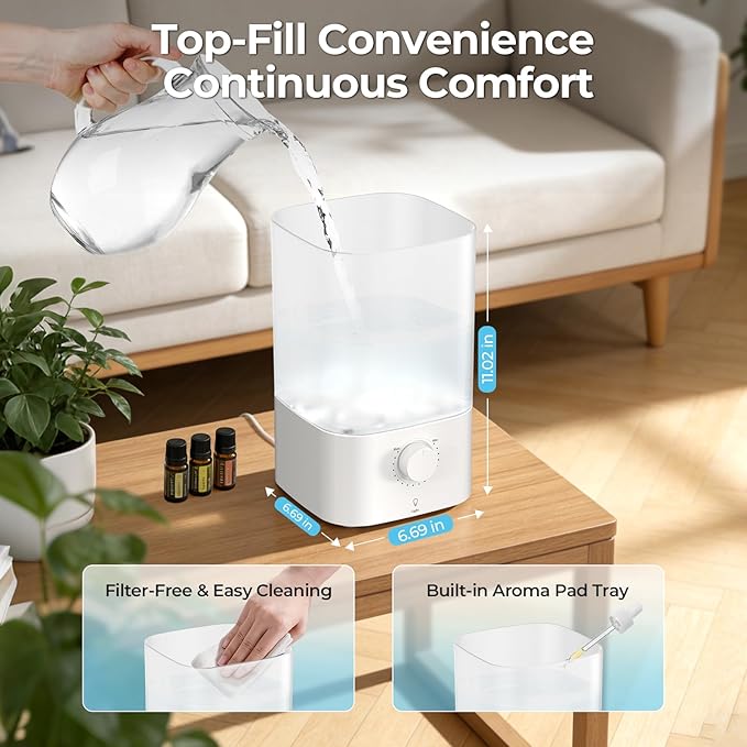 Electactic Top-Fill Cool Mist Bedroom Humidifier for Plants & Baby Nursery, 3.2L Large Capacity for up to 40H Runtime, Ultra Quiet <28dB, 3 IN 1, 5μm Fine Mist, BPA-Free for Living Room, Desk, Office
