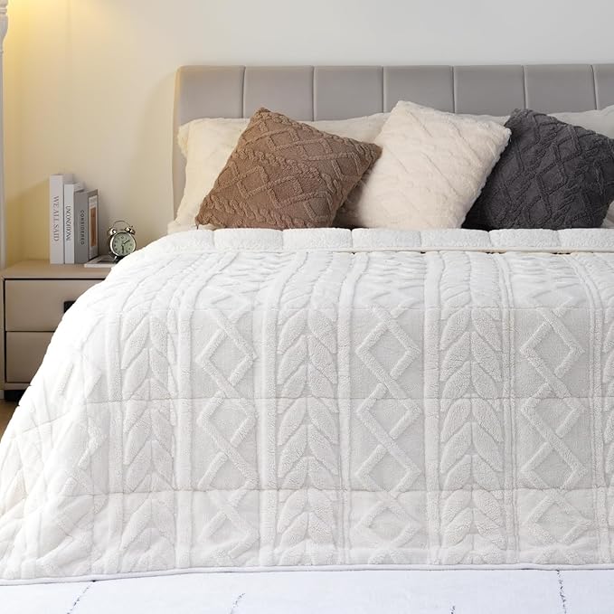 Cottonblue Jacquard Weighted Blanket 15lbs for Queen Ded - Ultra Soft, Cozy Comfort Sherpa Blanket for Relax and Sleep, Heavy Bed Blankets with Glass Beads, 60x80 in 17 lbs, Cream White