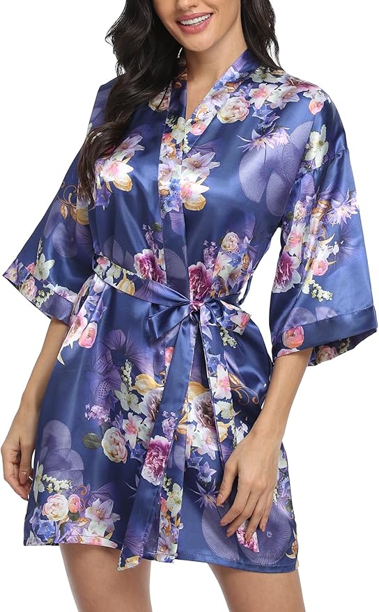 Women's Floral Satin Robes Bride Bridesmaid Getting Ready Robe Short Silky Kimono Sleepwear for Wedding Party