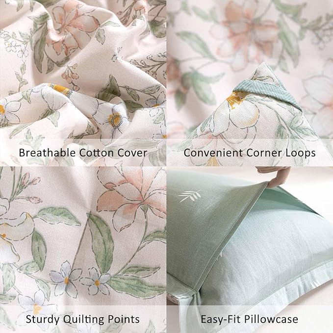 ALEISSEL Faded Blush Floral Cotton Comforter Queen Size - 3PC Lightweight Bedding Sets with Soft Alternative Fill, Vintage-Inspired Delicate Botanical Patterns, Muted Sage Reversible Design