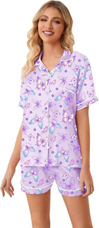 Umeyda Women & Girls Pajamas Set, Soft Satin Lightweight Silk Button-Down Top with Shorts 2 Piece PJS for Mom Boys Kids Gifts
