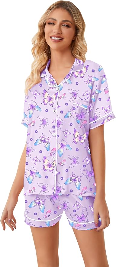 Umeyda Women & Girls Pajamas Set, Soft Satin Lightweight Silk Button-Down Top with Shorts 2 Piece PJS for Mom Boys Kids Gifts