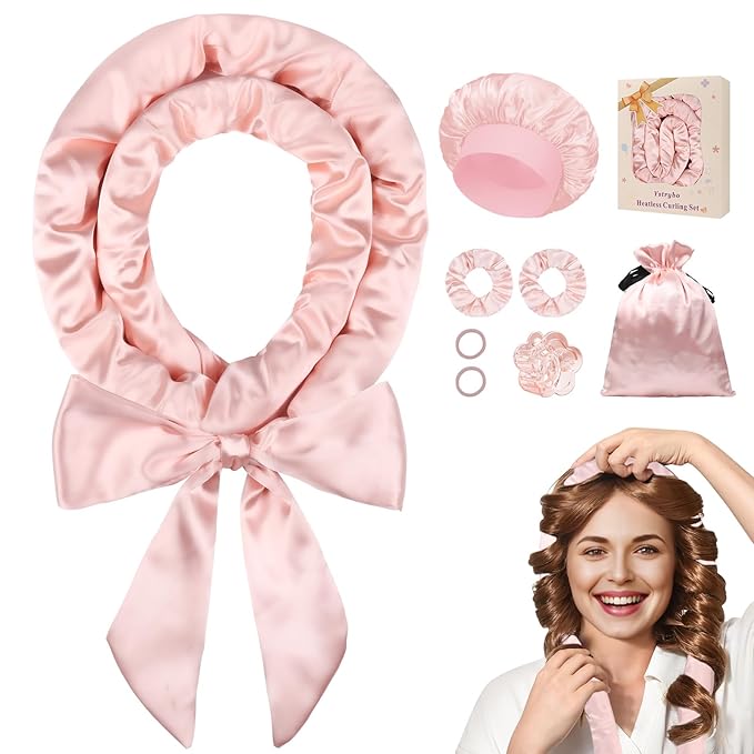 Satin Heatless Hair Curler Curls Overnight Hair Curlers to Sleep In, Hair Curlers No Heat Curls Overnight, Heatless Curling Set for Women Long Hair - 8 Pcs (Blush Pink)