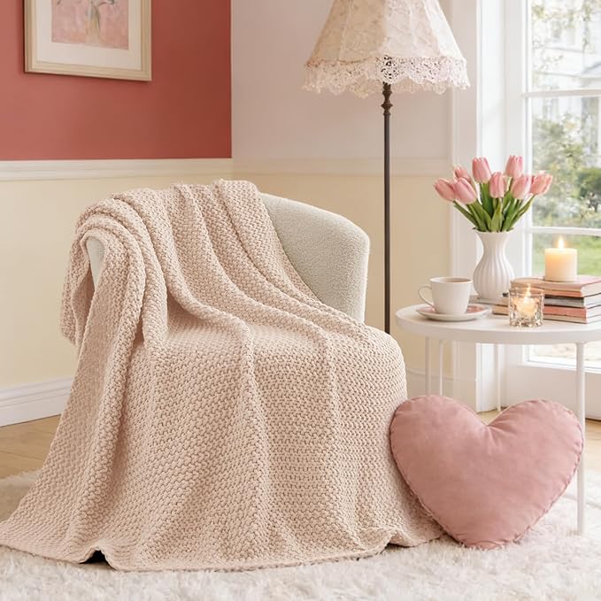 BEDELITE Chunky Cable Knit Throw Blanket for Couch,Super Soft Cozy Woven Blanket for Room Decor,50"x60", Pink