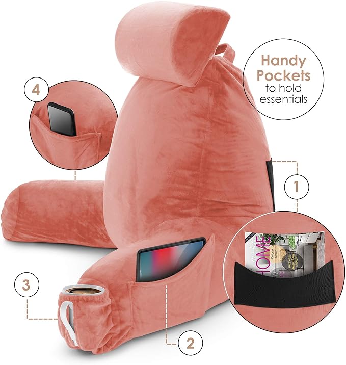 Clara Clark Reading Pillow with Shredded Memory Foam Includes 2 Neck and Lumber Support Pillows, Designed for Sitting Up in Bed and Couch Back and Arms Adjustable Support for Adults & Teens Misty Rose