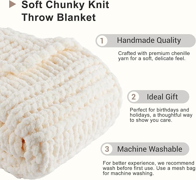 Battilo Cream Chunky Knit Throw Blanket for Couch, Super Soft Chenille Throw Blanket Cozy Warm Thick Ivory White Cable Knitted Blanket for Sofa, Bed, Living Room, 50"x60"