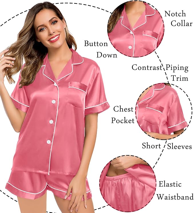 LecGee Womens Silk Satin Pajamas Short Sleeve Loungewear Two-Piece Sleepwear Button-Down Pj Set