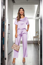 Ekouaer Womens Satin Silky Pajama Set Short Sleeve Shirt with Long Pajama Pant Set Soft PJ Loungewear