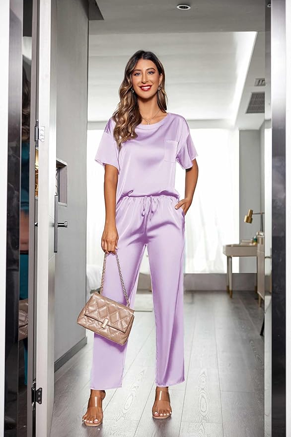 Ekouaer Womens Satin Silky Pajama Set Short Sleeve Shirt with Long Pajama Pant Set Soft PJ Loungewear