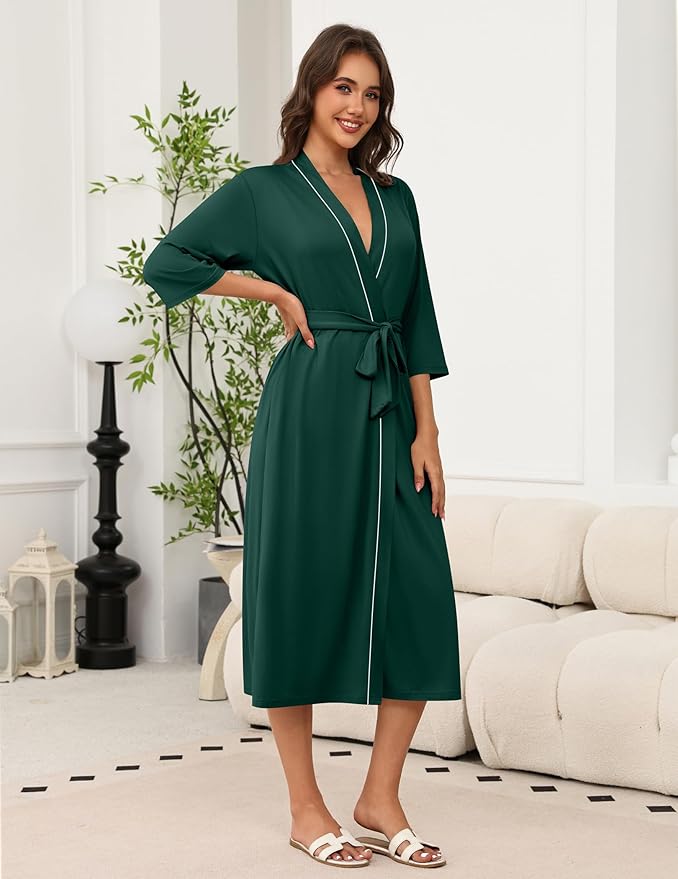 Ekouaer Robes for Women Long Knit Bathrobe Lightweight 3/4 Sleeves Kimono Robe Soft Sleepwear with Pockets S-XXL
