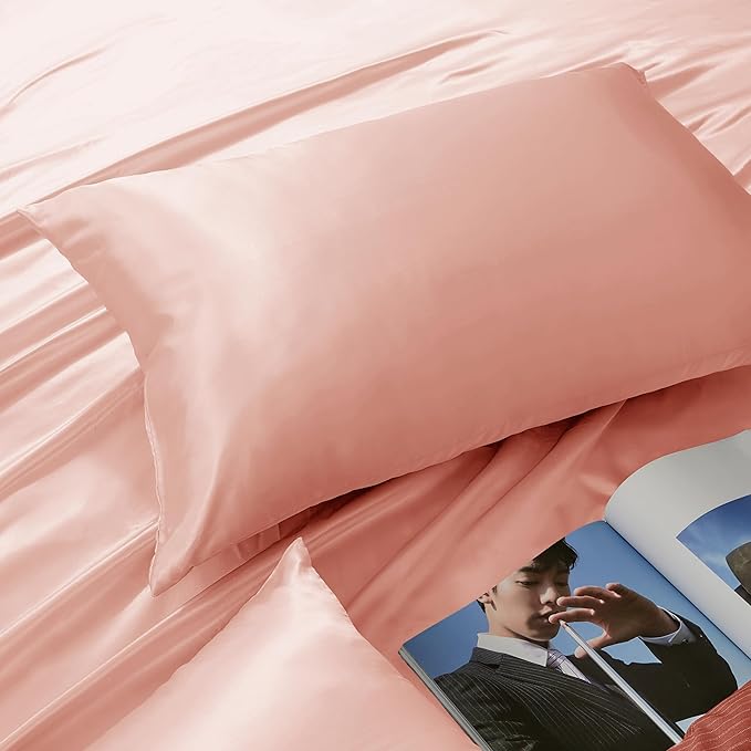 Rose Gold Satin Pillowcase Standard Set of 2 with Envelope Closure，Rose Gold Silk Pillowcase for Hair and Skin (20x26)
