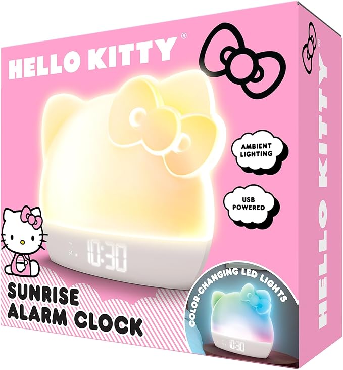 Hello Kitty Sunrise Alarm Clock with Color-Changing RGB LED Night Light – Ambient Lighting, Time/Date/Temperature Display, USB Powered w/Device Charging, White