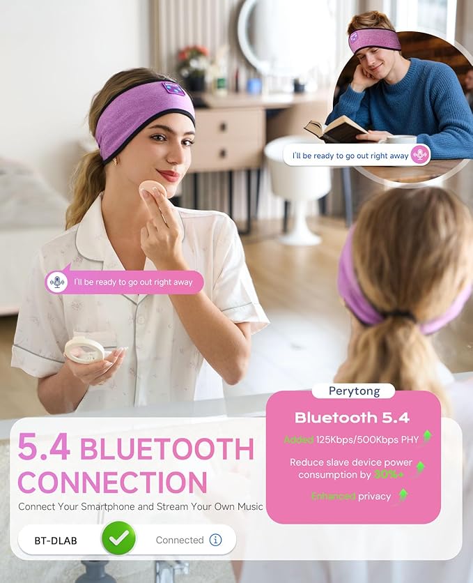 Perytong Sleep Headphones Bluetooth Headband Over On Ear Bluetooth 5.4 Sleeping Earbuds Earphones, Wireless Headphones for Side Sleepers Men Women Sports, Insomnia, Yoga, Air Travel, Meditation