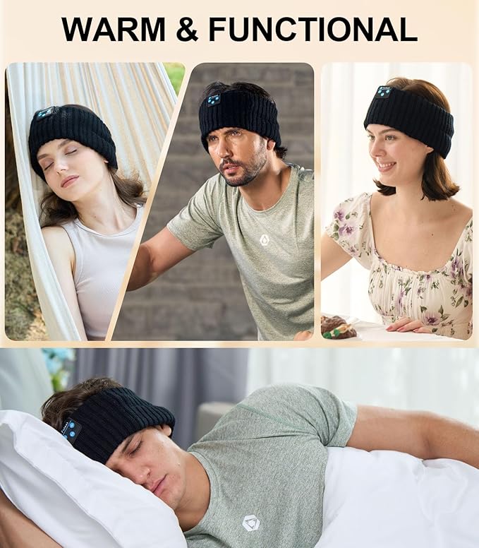 Ear Warmers, Sleep Headphones Bluetooth Beanie Headband, Wireless Ear Muffs Winter Headband with Ultra-Thin Speakers, Headphones for Side Sleepers, Thanksgiving for Women Men BlackGrey