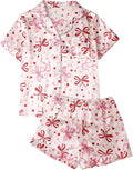 WDIRARA Women's Satin Silk Shorts Pajama Set Bow Print Button Down Short Sleeve 2 Piece Sleepwear