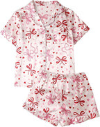 WDIRARA Women's Satin Silk Shorts Pajama Set Bow Print Button Down Short Sleeve 2 Piece Sleepwear