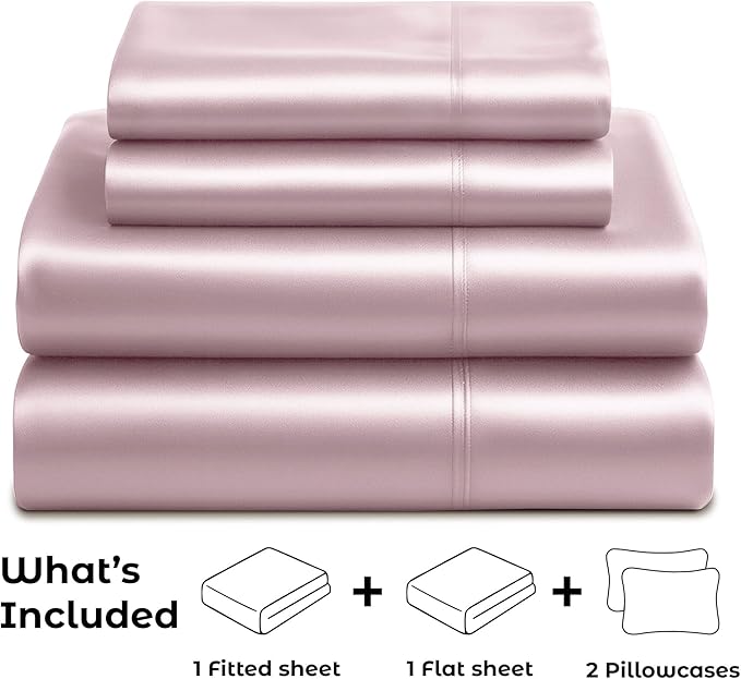 Satin Sheets California King [4-Piece, Champagne Pink] Hotel Luxury Silky Bed Sheets - Extra Soft Microfiber Sheet Set, Wrinkle Resistant - Deep Pocket Fitted Sheet, Flat Sheet, Pillow Cases