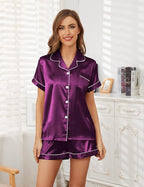 Women's Silk Pajama Set Short Sleeve Sleepwear Satin Button Down Pj Tops and Shorts 2 Piece Loungewear