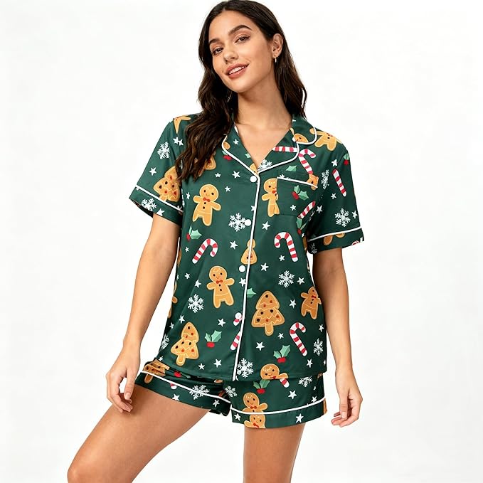ASTANFY Silk Satin Pajama Set Womens Silk Satin 2 Piece Pjs Shorts Sleepwear Christmas Button Down Shirt Bride Pj Lounge Sets