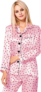 SWOMOG Womens Silk Satin Pajamas Set Long Sleeve Button Down Sleepwear 2 Piece Lounge Set Pj Set XS-3XL